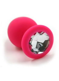 Розовая силиконовая анальная пробка с прозрачным кристаллом - 7 см. - Kanikule - купить с доставкой в Краснодаре