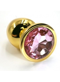 Золотистая алюминиевая анальная пробка с светло-розовым кристаллом - 6 см. - Kanikule - купить с доставкой в Краснодаре