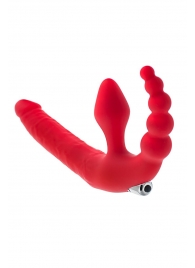 Красный безремневой страпон с вибрацией и анальным отростком - ToyFa - купить с доставкой в Краснодаре