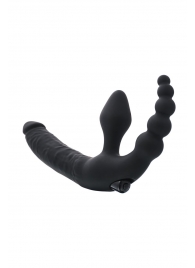 Чёрный безремневой страпон с вибрацией и анальным отростком - ToyFa - купить с доставкой в Краснодаре
