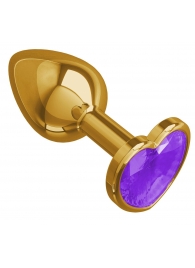 Золотистая анальная втулка с фиолетовым кристаллом-сердцем - 7 см. - Джага-Джага - купить с доставкой в Краснодаре