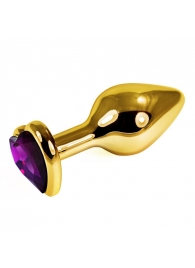 Золотистая анальная втулка с фиолетовым кристаллом-сердцем - 7 см. - Джага-Джага - купить с доставкой в Краснодаре