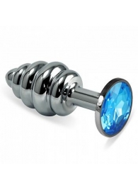 Серебристая фигурная анальная пробка с голубым кристаллом - 8,5 см. - 4sexdreaM - купить с доставкой в Краснодаре