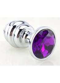Серебристая фигурная анальная пробка с фиолетовым кристаллом - 8 см. - 4sexdreaM - купить с доставкой в Краснодаре