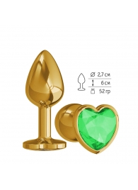Золотистая анальная втулка с зеленым кристаллом-сердцем - 7 см. - Джага-Джага - купить с доставкой в Краснодаре