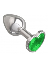 Серебристая анальная втулка с зеленым кристаллом-сердцем - 7 см. - Джага-Джага - купить с доставкой в Краснодаре