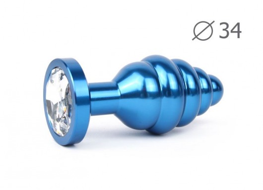 Коническая ребристая синяя анальная втулка с прозрачным кристаллом - 8 см. - Anal Jewelry Plug - купить с доставкой в Краснодаре