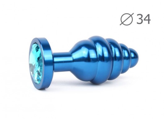 Коническая ребристая синяя анальная втулка с голубым кристаллом - 8 см. - Anal Jewelry Plug - купить с доставкой в Краснодаре