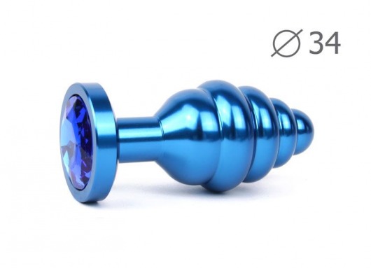 Коническая ребристая синяя анальная втулка с синим кристаллом - 8 см. - Anal Jewelry Plug - купить с доставкой в Краснодаре