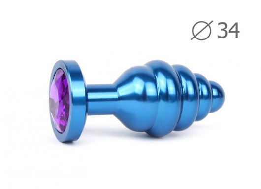 Коническая ребристая синяя анальная втулка с кристаллом фиолетового цвета - 8 см. - Anal Jewelry Plug - купить с доставкой в Краснодаре