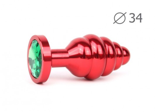 Коническая ребристая красная анальная втулка с зеленым кристаллом - 8 см. - Anal Jewelry Plug - купить с доставкой в Краснодаре