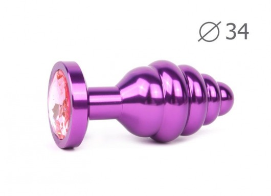 Коническая ребристая фиолетовая анальная втулка с розовым кристаллом - 8 см. - Anal Jewelry Plug - купить с доставкой в Краснодаре