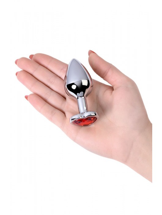 Серебристая коническая анальная пробка с красным кристаллом-сердечком - 7 см. - ToyFa - купить с доставкой в Краснодаре