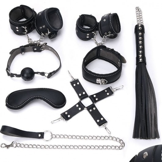 Пикантный черный набор БДСМ: маска, ошейник, кляп, фиксатор, наручники, оковы, плеть - Bior toys - купить с доставкой в Краснодаре