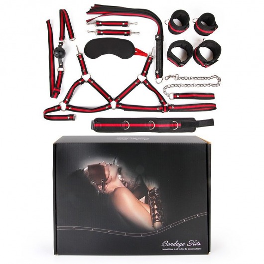 Черно-красный набор БДСМ: наручники, оковы, ошейник с поводком, кляп, маска, плеть, лиф - Bior toys - купить с доставкой в Краснодаре
