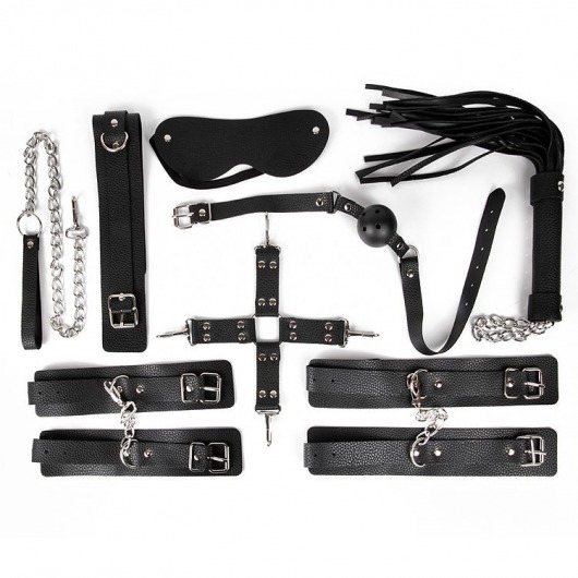 Большой черный набор БДСМ: наручники, оковы, ошейник с поводком, кляп, маска, плеть, фиксатор - Bior toys - купить с доставкой в Краснодаре