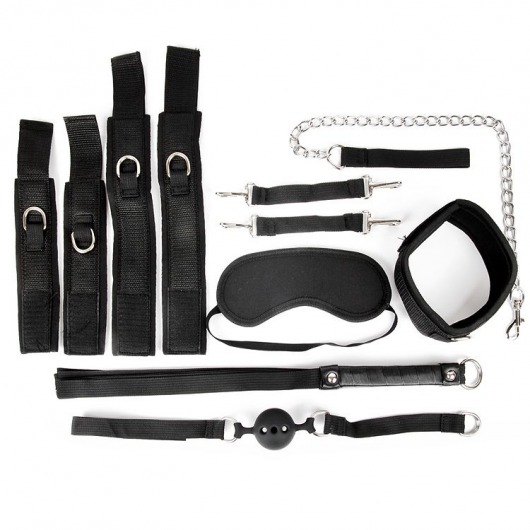 Черный текстильный набор БДСМ: наручники, оковы, ошейник с поводком, кляп, маска, плеть - Bior toys - купить с доставкой в Краснодаре