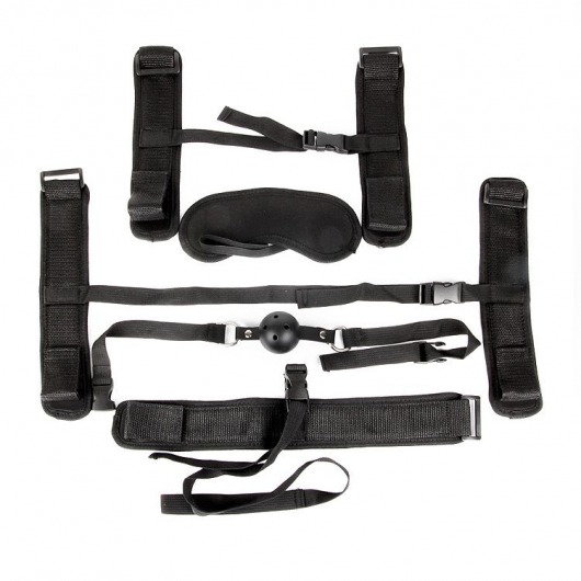 Пикантный черный текстильный набор БДСМ: наручники, оковы, ошейник с поводком, кляп, маска - Bior toys - купить с доставкой в Краснодаре