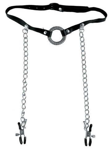 Кольцо-расширитель для рта с цепочками, соединяющими его с клипсами для сосков O-Ring Gag   Nipple Clamps - Pipedream - купить с доставкой в Краснодаре