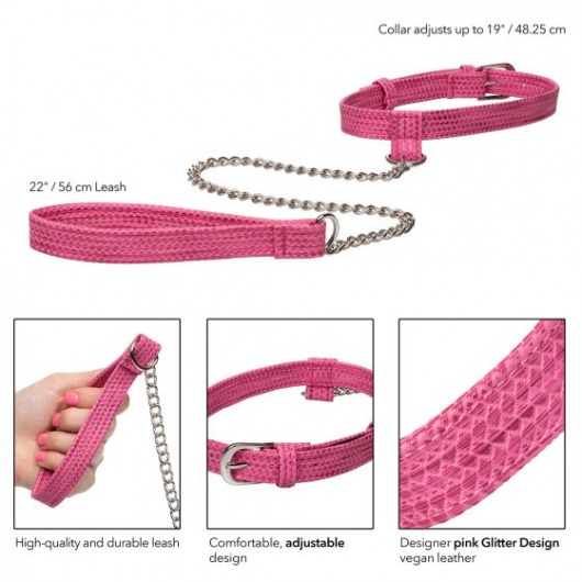 Розовый ошейник с поводком Tickle Me Pink Collar With Leash - California Exotic Novelties - купить с доставкой в Краснодаре