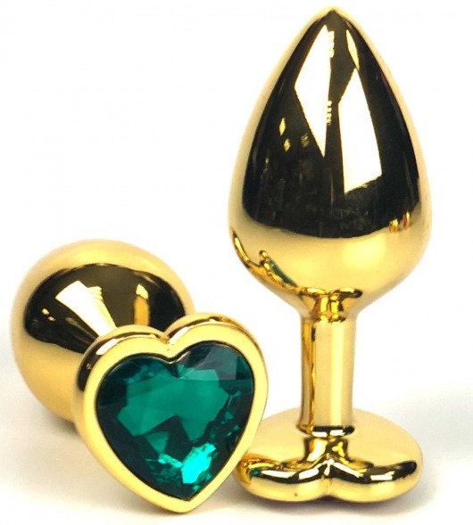 Золотистая анальная пробка с зеленым кристаллом-сердцем - 8 см. - Vandersex - купить с доставкой в Краснодаре