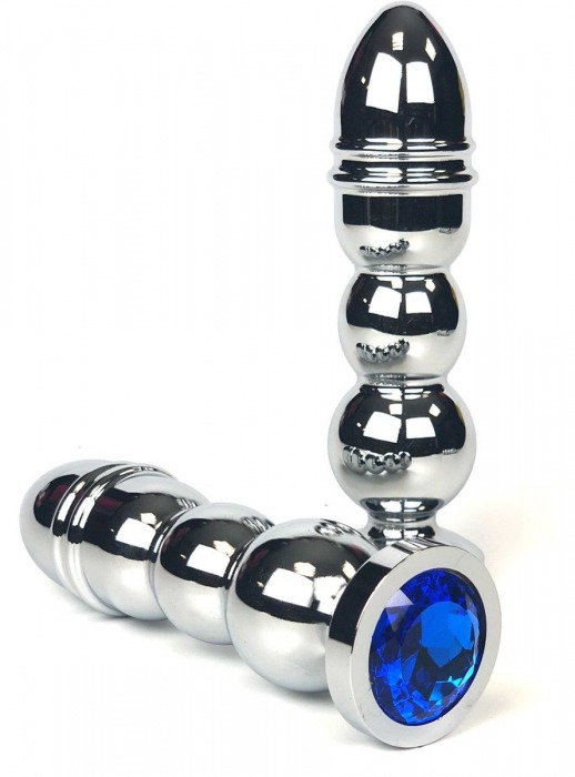 Серебристая анальная пробка-ёлочка с синим кристаллом - 14,5 см. - Vandersex - купить с доставкой в Краснодаре