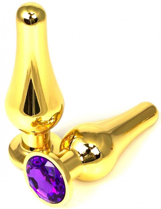 Золотистая удлиненная анальная пробка с фиолетовым кристаллом - 10 см. - Vandersex - купить с доставкой в Краснодаре