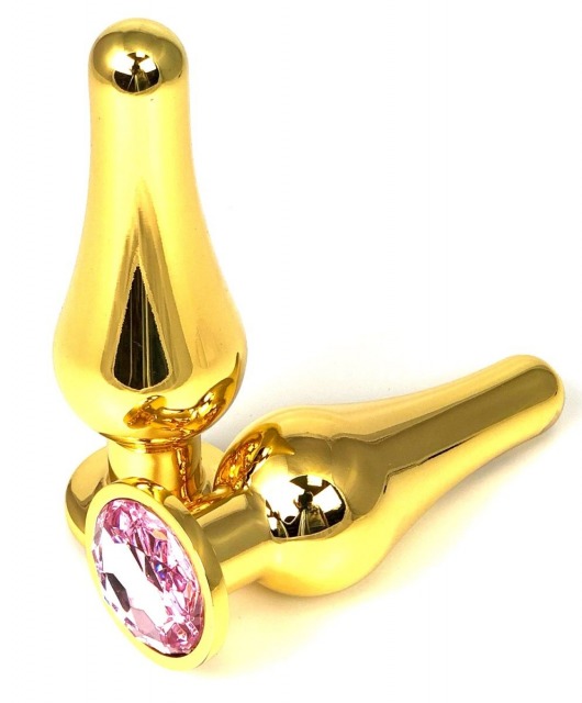 Золотистая удлиненная анальная пробка с нежно-розовым кристаллом - 11,5 см. - Vandersex - купить с доставкой в Краснодаре