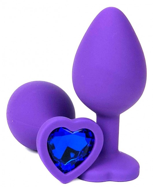 Фиолетовая силиконовая анальная пробка с синим стразом-сердцем - 8,5 см. - Vandersex - купить с доставкой в Краснодаре