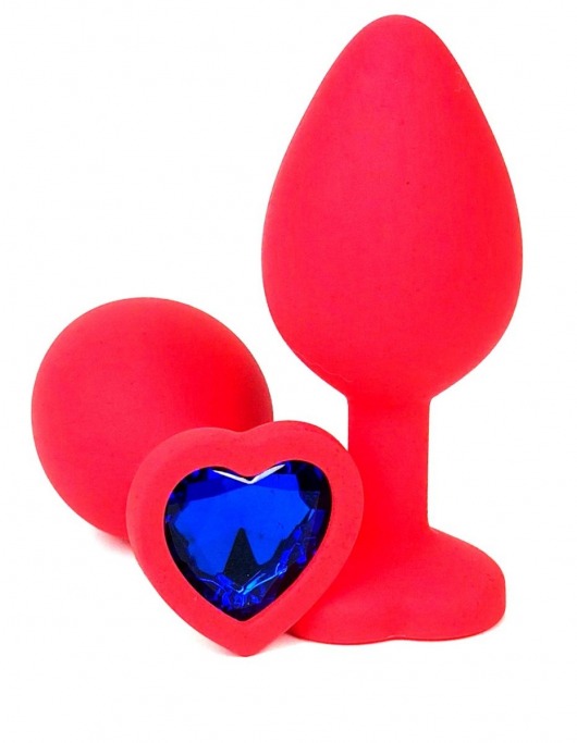Красная силиконовая анальная пробка с синим стразом-сердцем - 10,5 см. - Vandersex - купить с доставкой в Краснодаре