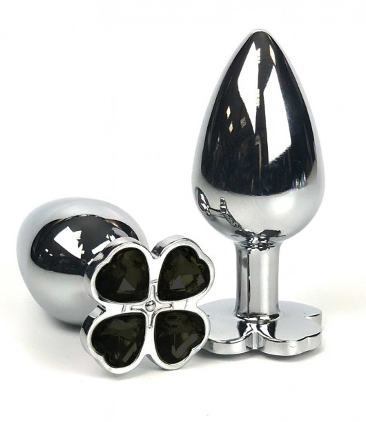Серебристая анальная втулка с клевером из черных кристаллов - 8 см. - Vandersex - купить с доставкой в Краснодаре