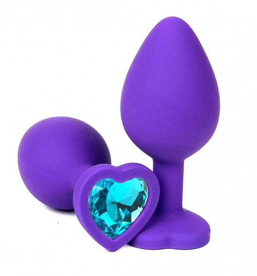 Фиолетовая силиконовая анальная пробка с голубым стразом-сердцем - 8,5 см. - Vandersex - купить с доставкой в Краснодаре