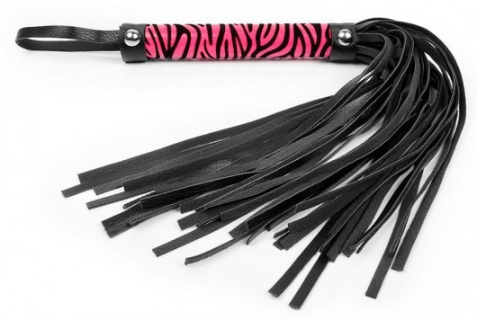Черная многохвостовая плеть с круглой розовой ручкой-зеброй - 39 см. - Notabu - купить с доставкой в Краснодаре