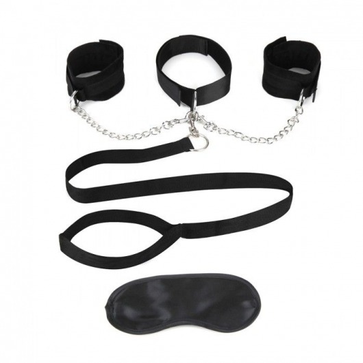 Чёрный ошейник с наручниками и поводком Collar Cuffs   Leash Set - Lux Fetish - купить с доставкой в Краснодаре