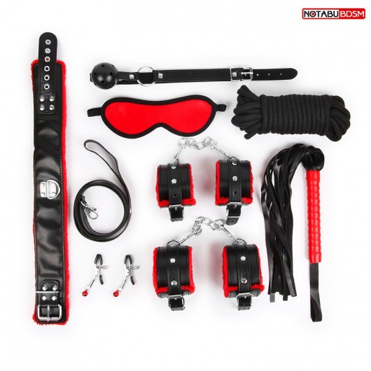 Стильный черно-красный набор БДСМ: маска, кляп, зажимы, плётка, ошейник, наручники, оковы, верёвка - Notabu - купить с доставкой в Краснодаре