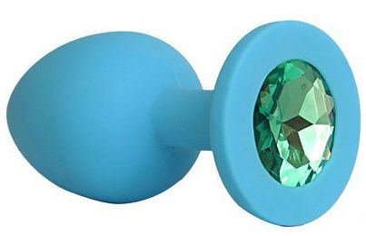 Голубая силиконовая анальная пробка с зеленым кристаллом - 9,5 см. - Bior toys - купить с доставкой в Краснодаре