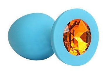 Голубая силиконовая анальная пробка с оранжевым кристаллом - 9,5 см. - Bior toys - купить с доставкой в Краснодаре
