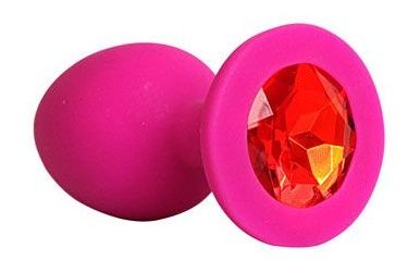 Ярко-розовая анальная пробка с красным кристаллом - 9,5 см. - 1137 - купить с доставкой в Краснодаре