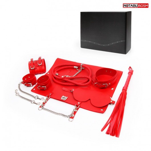 Красный набор БДСМ в сумке: маска, ошейник с поводком, наручники, оковы, плеть - Bior toys - купить с доставкой в Краснодаре