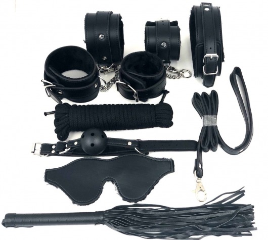 Набор БДСМ в черном цвете: наручники, поножи, кляп, ошейник с поводком, маска, веревка, плеть - Vandersex - купить с доставкой в Краснодаре