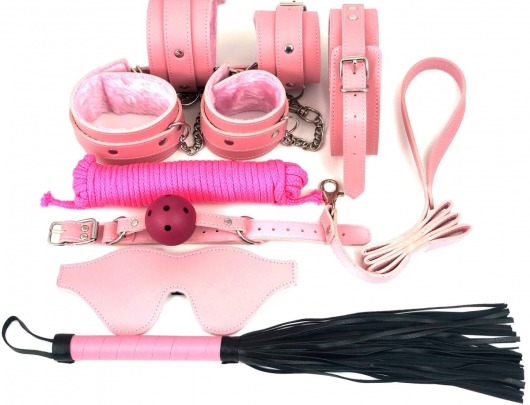 Набор БДСМ в розовом цвете: наручники, поножи, кляп, ошейник с поводком, маска, веревка, плеть - Vandersex - купить с доставкой в Краснодаре