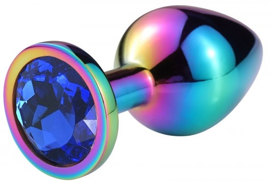Разноцветная гладкая анальная пробка с синим кристаллом - 9,5 см. - Vandersex