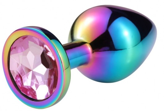 Разноцветная гладкая анальная пробка с нежно-розовым кристаллом - 9,5 см. - Vandersex - купить с доставкой в Краснодаре