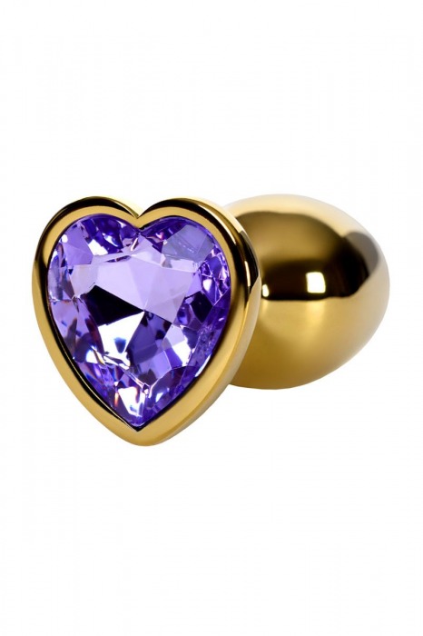 Золотистая анальная втулка с фиолетовым кристаллом-сердечком - 7 см. - ToyFa - купить с доставкой в Краснодаре