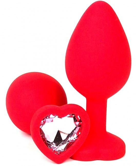 Красная силиконовая анальная пробка с нежно-розовым стразом-сердцем - 10,5 см. - Vandersex - купить с доставкой в Краснодаре