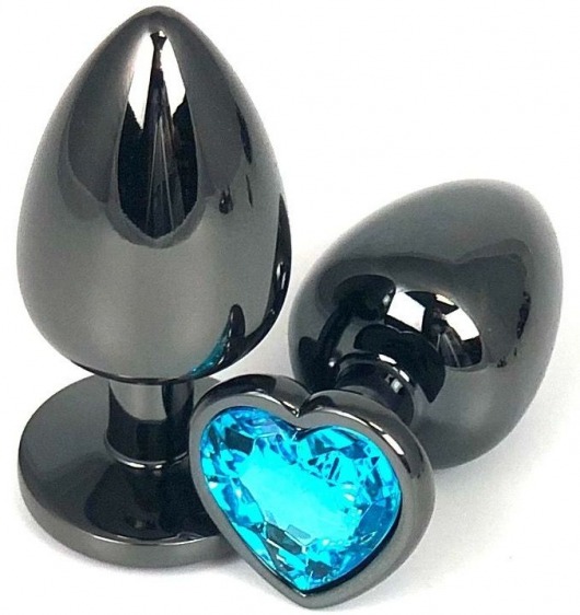 Черная металлическая анальная пробка с голубым стразом-сердечком - 9 см. - Vandersex - купить с доставкой в Краснодаре