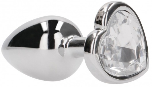 Серебристая анальная пробка с прозрачным кристаллом в форме сердца - 7,1 см. - Shots Media BV - купить с доставкой в Краснодаре