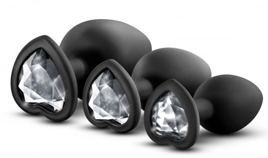 Набор из 3 черных пробок с прозрачным кристаллом-сердечком Bling Plugs Training Kit - Blush Novelties - купить с доставкой в Краснодаре