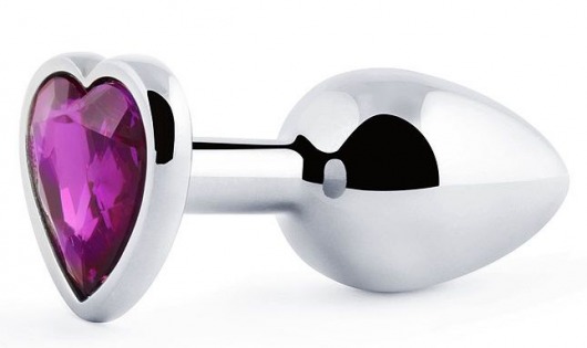 Серебристая анальная пробка с фиолетовым кристаллом-сердечком - 8 см. - Anal Jewelry Plug - купить с доставкой в Краснодаре