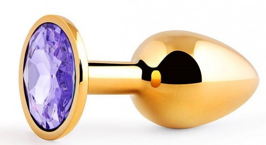 Золотистая анальная пробка с фиолетовым стразом - 7,2 см. - Anal Jewelry Plug - купить с доставкой в Краснодаре